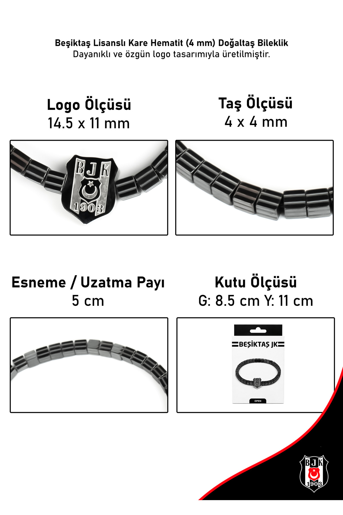 Beşiktaş Bjk Unisex Kare Hematit 4 mm Doğal Taş Metalik Gri Çelik Logolu Bileklik görsel 3