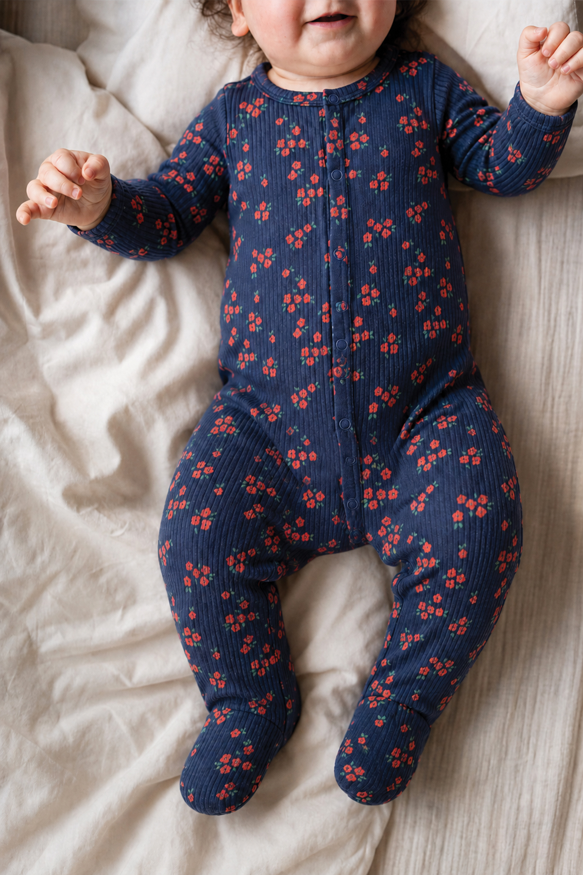 Cigit Patterned Jumpsuit with Footed Gloves 0-9 Months Navy Blue Floral Pattern