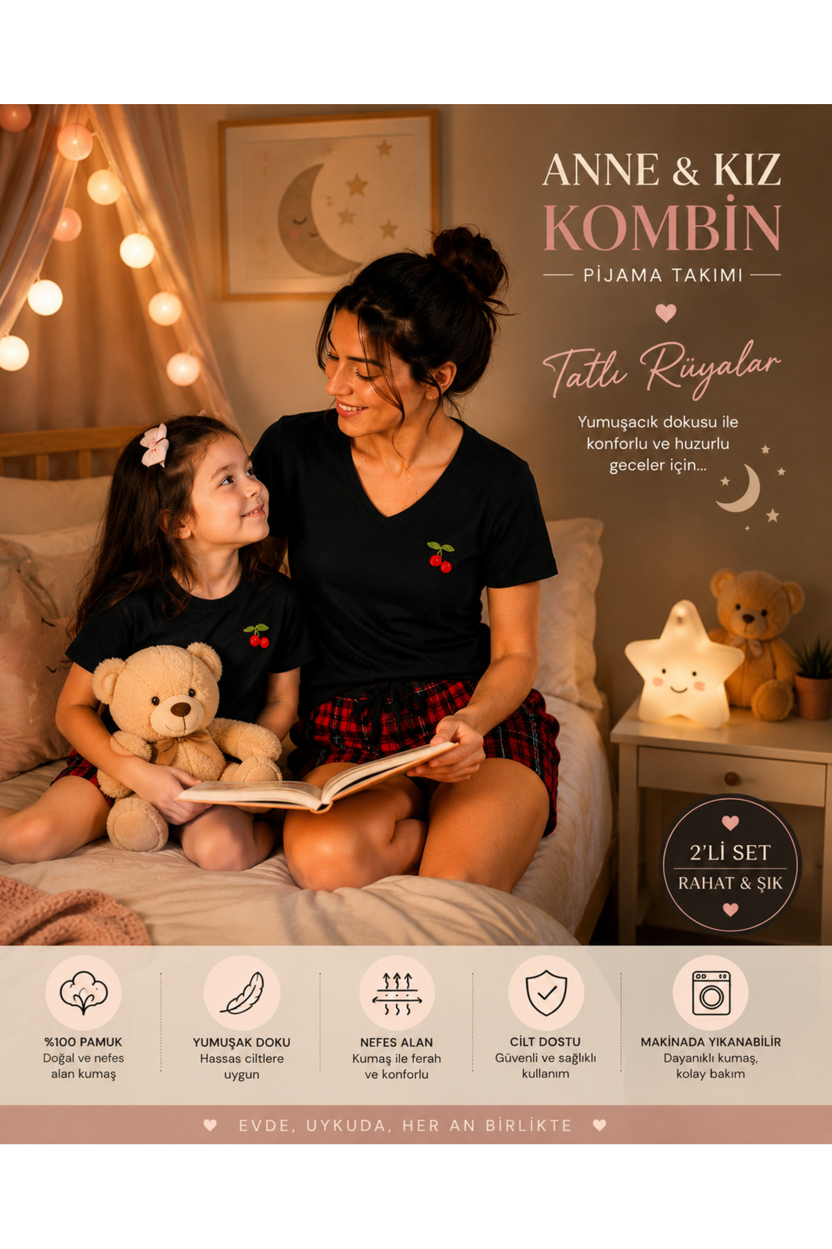 Anne Kız Kombinli Takımlanabilir Pijama Takımı Ekoseli Kiraz Detaylı ( Bir Takım Fiyatıdır) 5