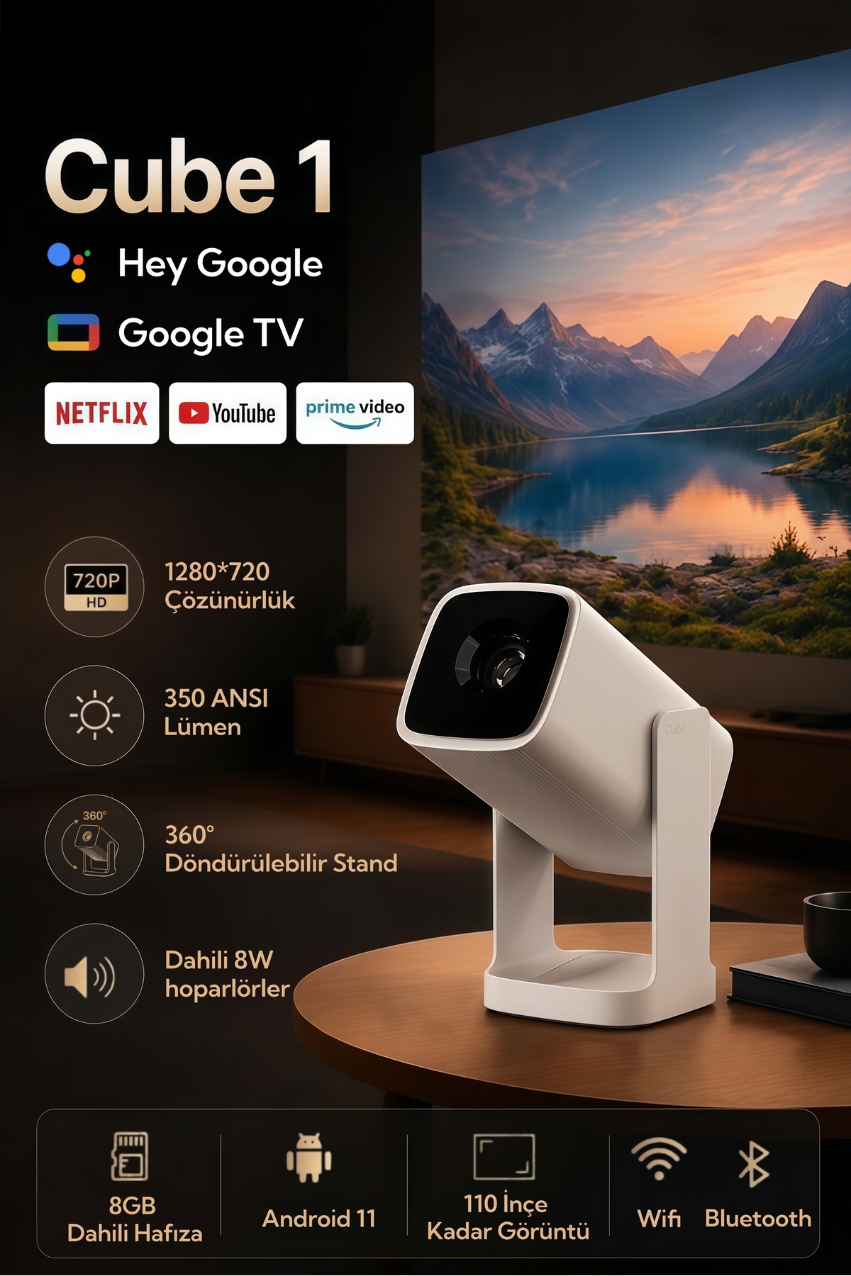 wanbo Cube 1 WiFi ve Bluetooth Özellikli Projektör, Google Sesli