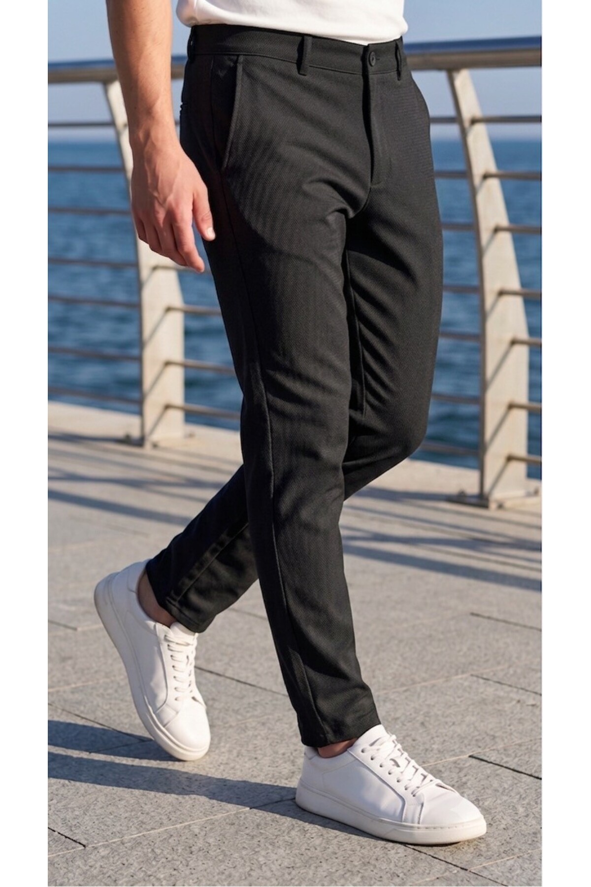 Gussi Erkek Siyah Renk Kaliteli Esnek Likralı Slim Fit Keten Pantolon görsel 4