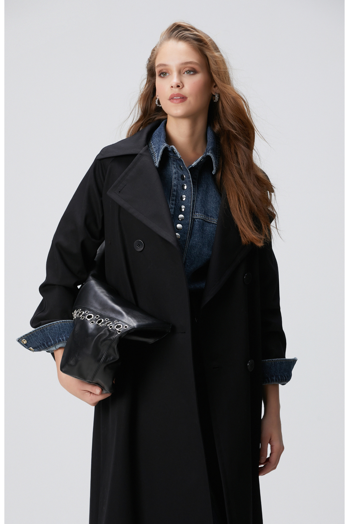 Network Siyah Kruvaze Trench Coat görsel 6