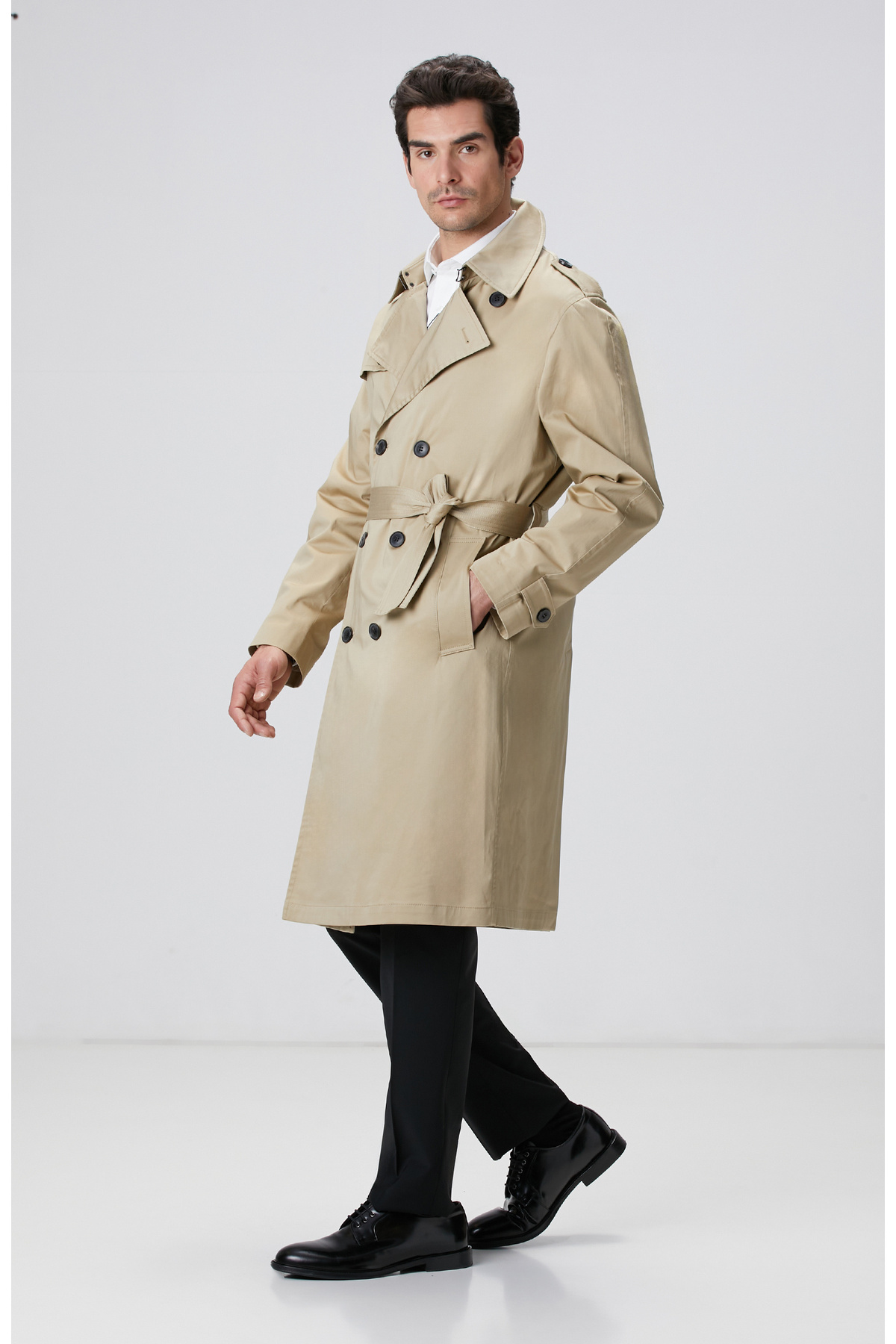 Network Camel Apoletli Kruvaze Trenchcoat görsel 4