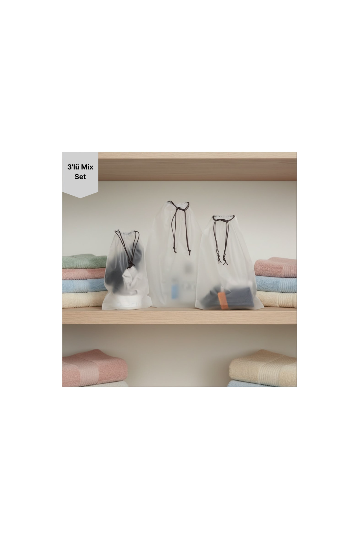 3lü Mix Set (S-M-L) Su Geçirmez Büzme Ipli Kozmetik Makyaj Tatil Çantası — سفید ŞMÇ20 — تصویر 3 از 5