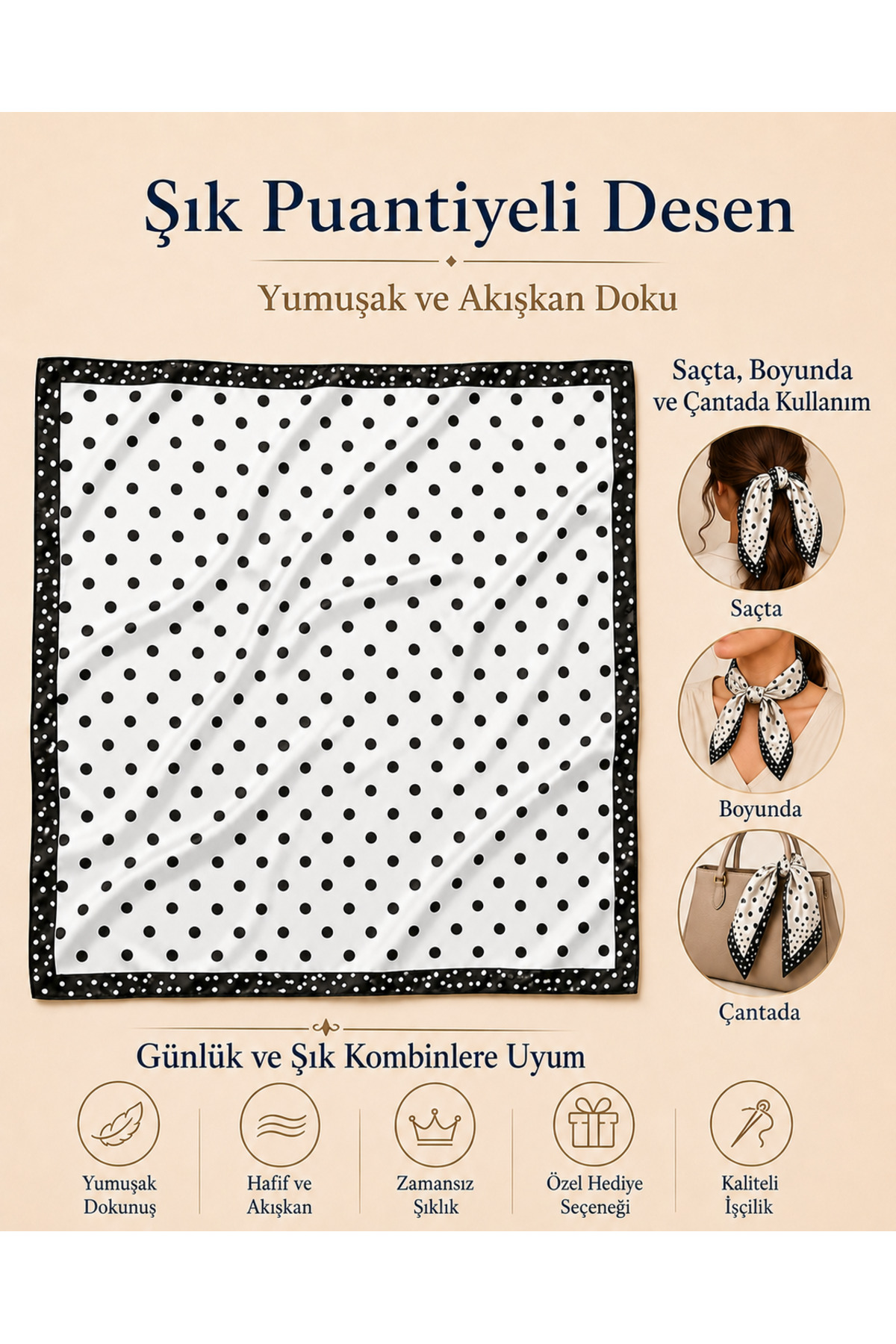 OUS Kadın Puantiyeli 50x50 cm Saten Fular, Beyaz İpeksi Dokulu Kare Boyun Saç ve Çanta Aksesuarı görsel 4