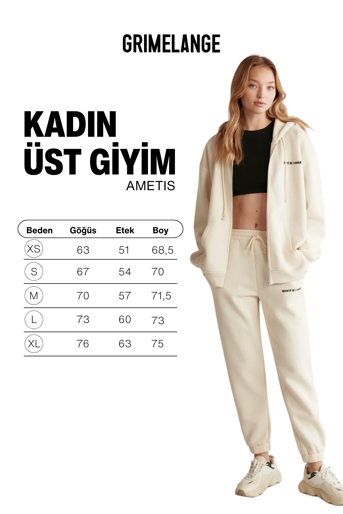 GRIMELANGE Ametıs Kadın Oversize Organik Pamuklu Metal Fermuarlı Kapüşonlu Vanilya Sweatshirt görsel 5