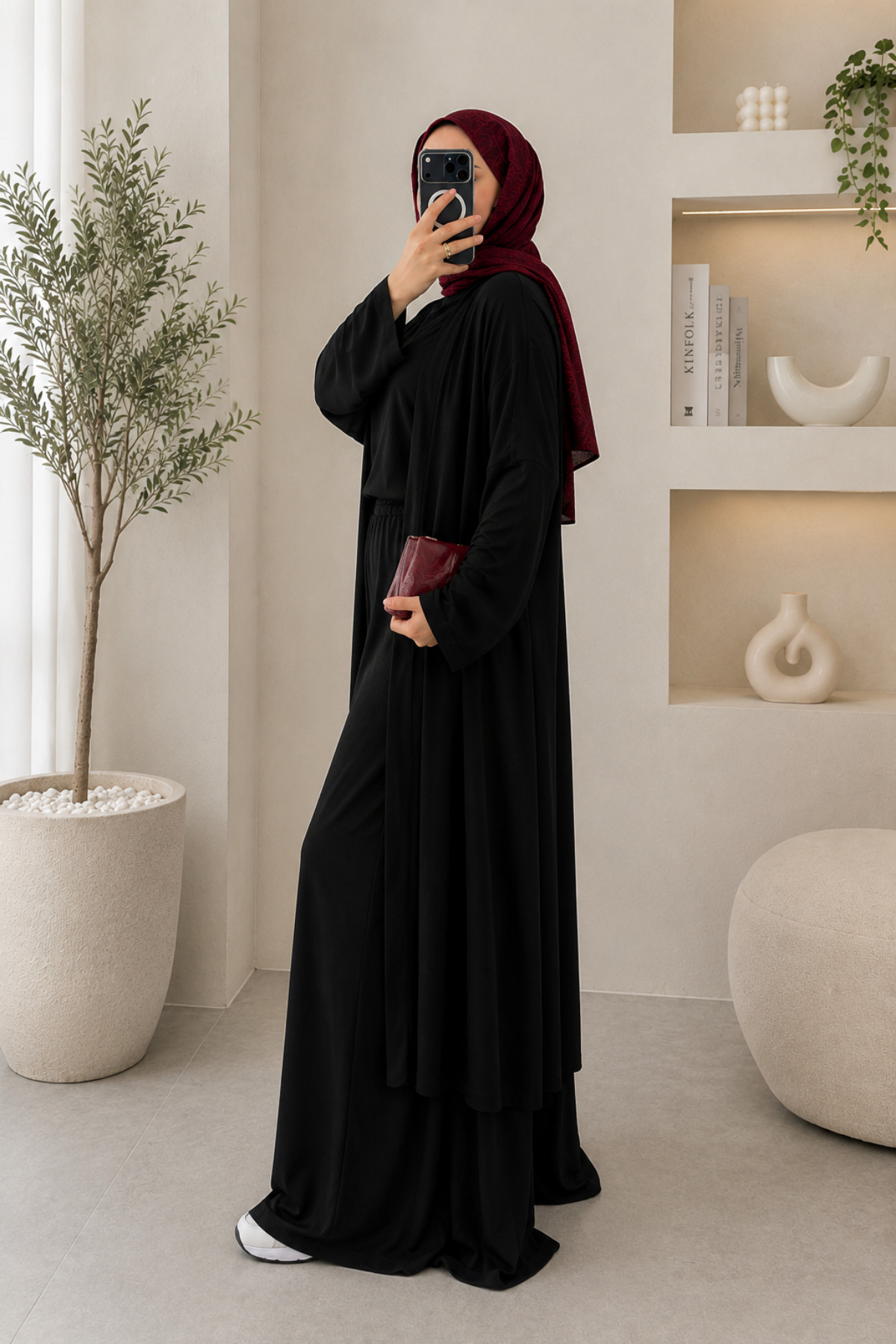 Balenbi Kadın Penye Uzun Hırka Bluz Geniş Paça Pantolon Abaya Takım Siyah 1217 görsel 2