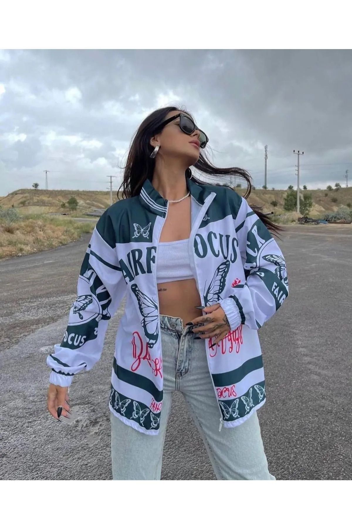 Lushen Unisex Paraşüt Kumaş Oversize Dijital Baskılı Siyah Rüzgarlık Yağmurluk İnce Ceket görsel 4