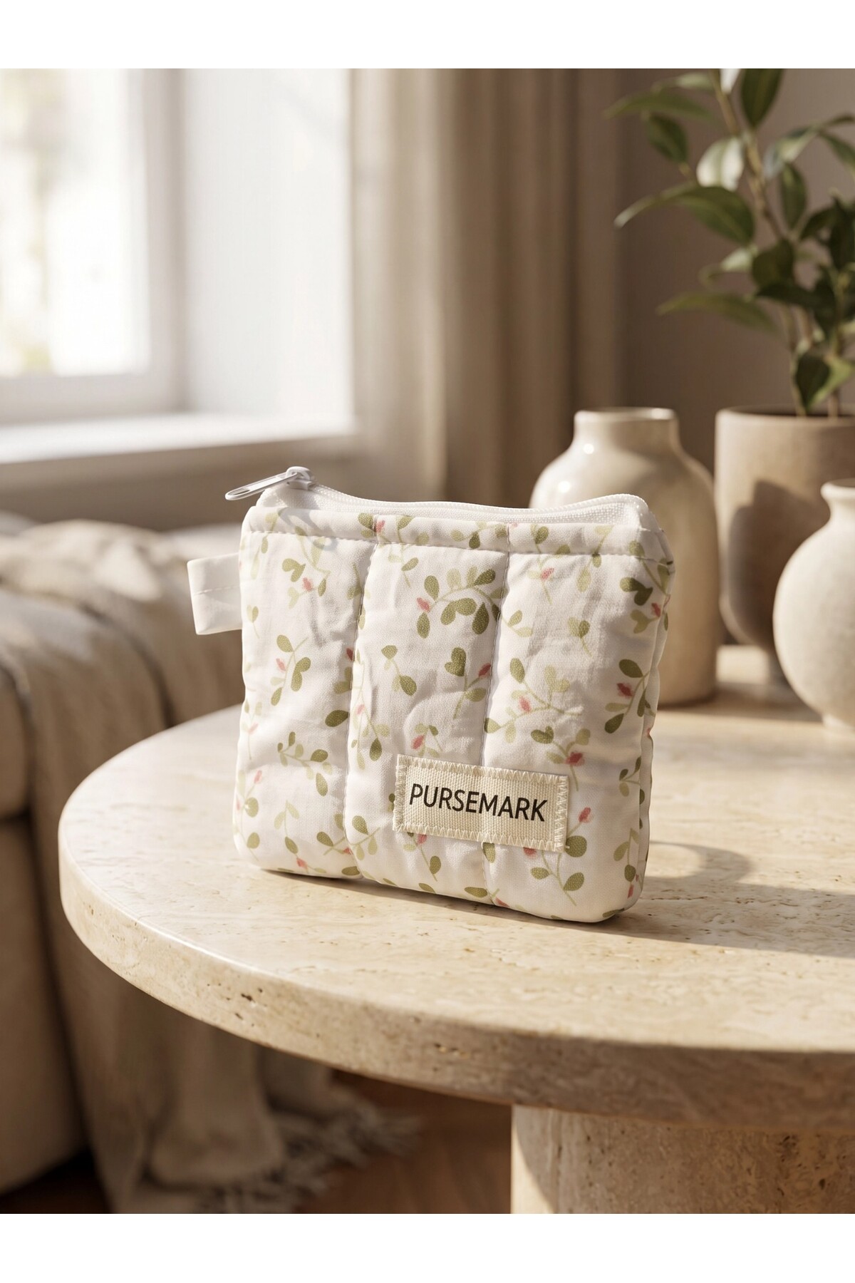 PURSEMARK Ekru Yeşil Çiçek Desenli El Yapımı Küçük Cüzdan görsel 5