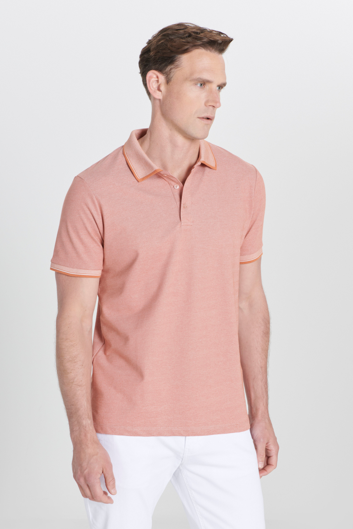 AC&Co / Altınyıldız Classics Erkek Çekmeyen Pamuklu Kumaş Slim Fit Dar Kesim Kiremit-Bej Kıvrılmaz Polo Yaka Tişört görsel 8