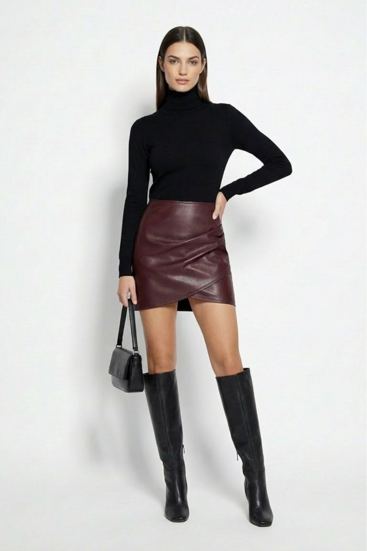 Grenj Fashion Bordo Suni Deri Drapeli Yüksek Bel Vücuda Oturan Örme Şardonlu Mini Etek görsel 6