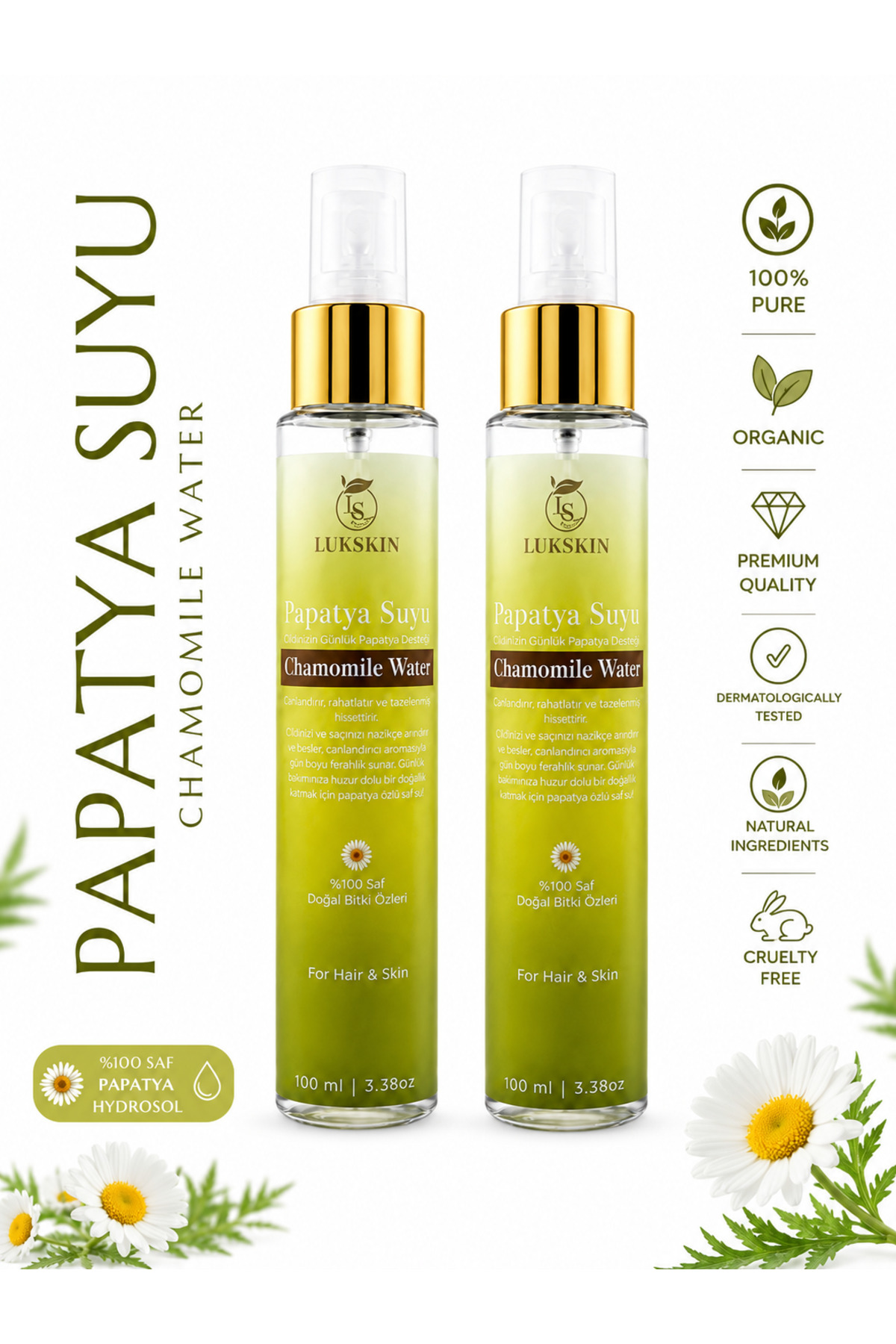 LUKSKIN Papatya Suyu Saç Toniği Dökülme Karıştı ve Saç Uzmasını Destkleyici %100 Doğal Ve Saf 100 ml — 07