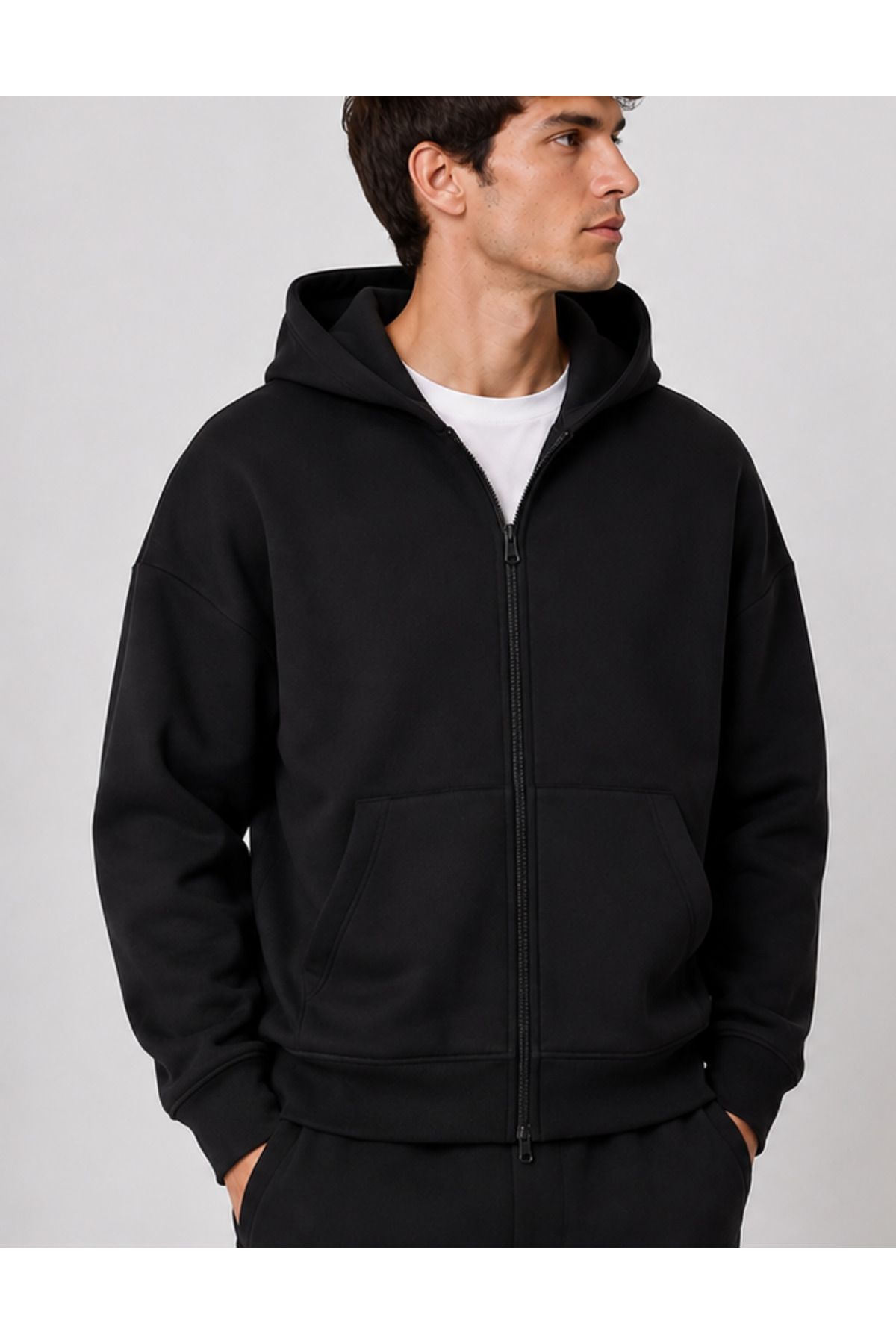 Erkek Siyah Kapüşonlu Fermuarlı Oversize Sweatshirt Kışlık Okul Hırkası Şardonlu Baskılı — مشکی DEEPHIRKA — تصویر 3 از 8