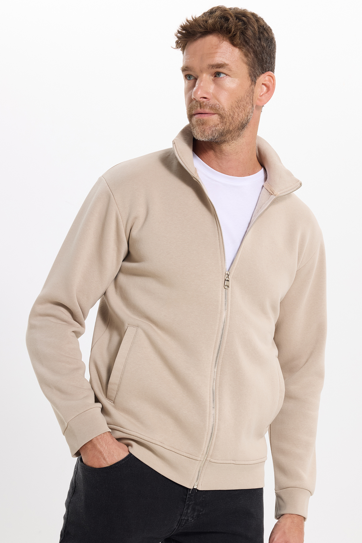 Unisex Relax Fit Rahat Kesim Pamuklu 3 İplik İçi Polarlı Fermuarlı Cepli Taş  Sweatshirt Hırka — رنگارنگ SW250014 — تصویر 5 از 9