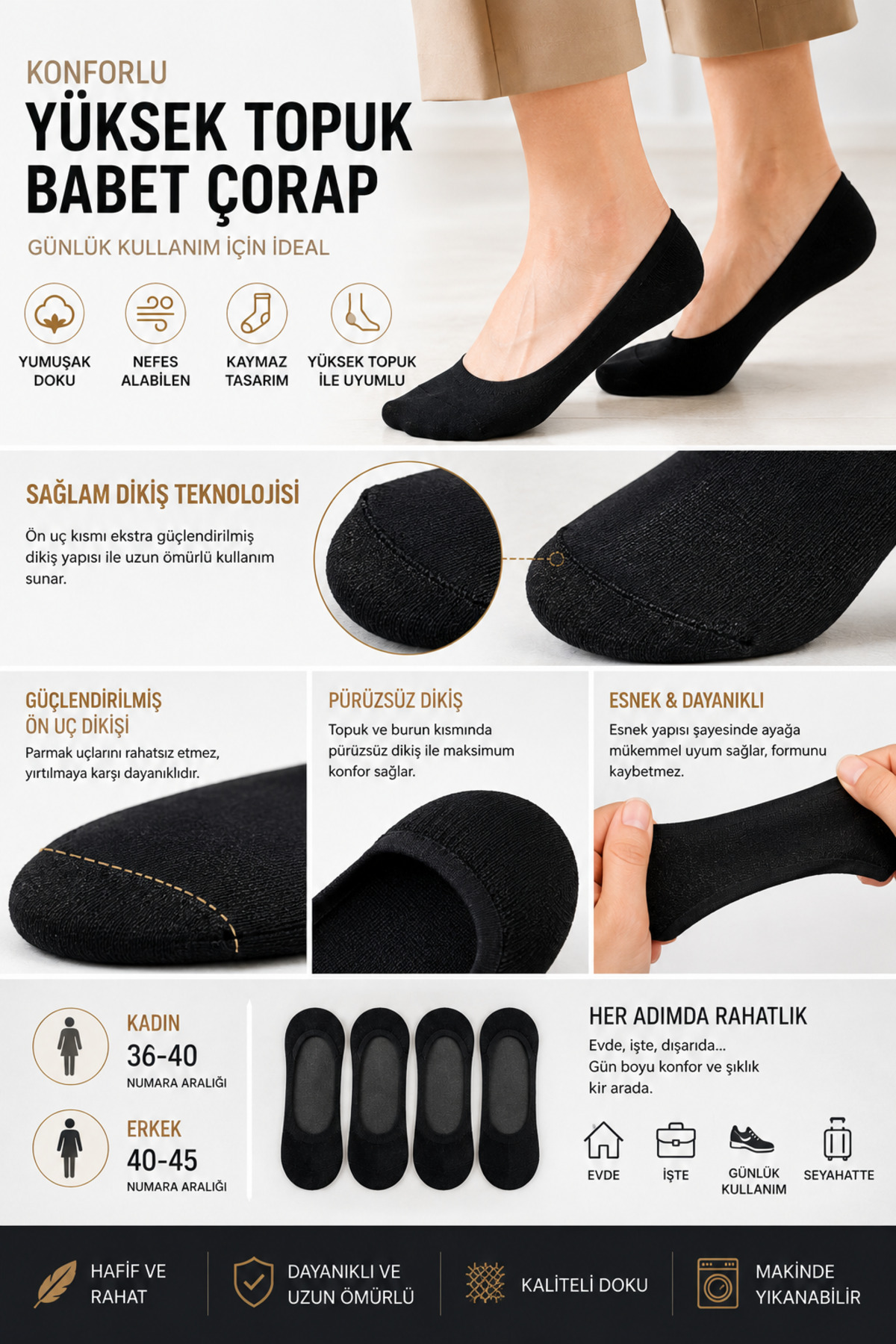 UZN SOCKS 8 Çift Kadın Görünmez Babet Çorap Babet Ayakkabı Çorabı Günlük Ayakkabı Çorabı görsel 2