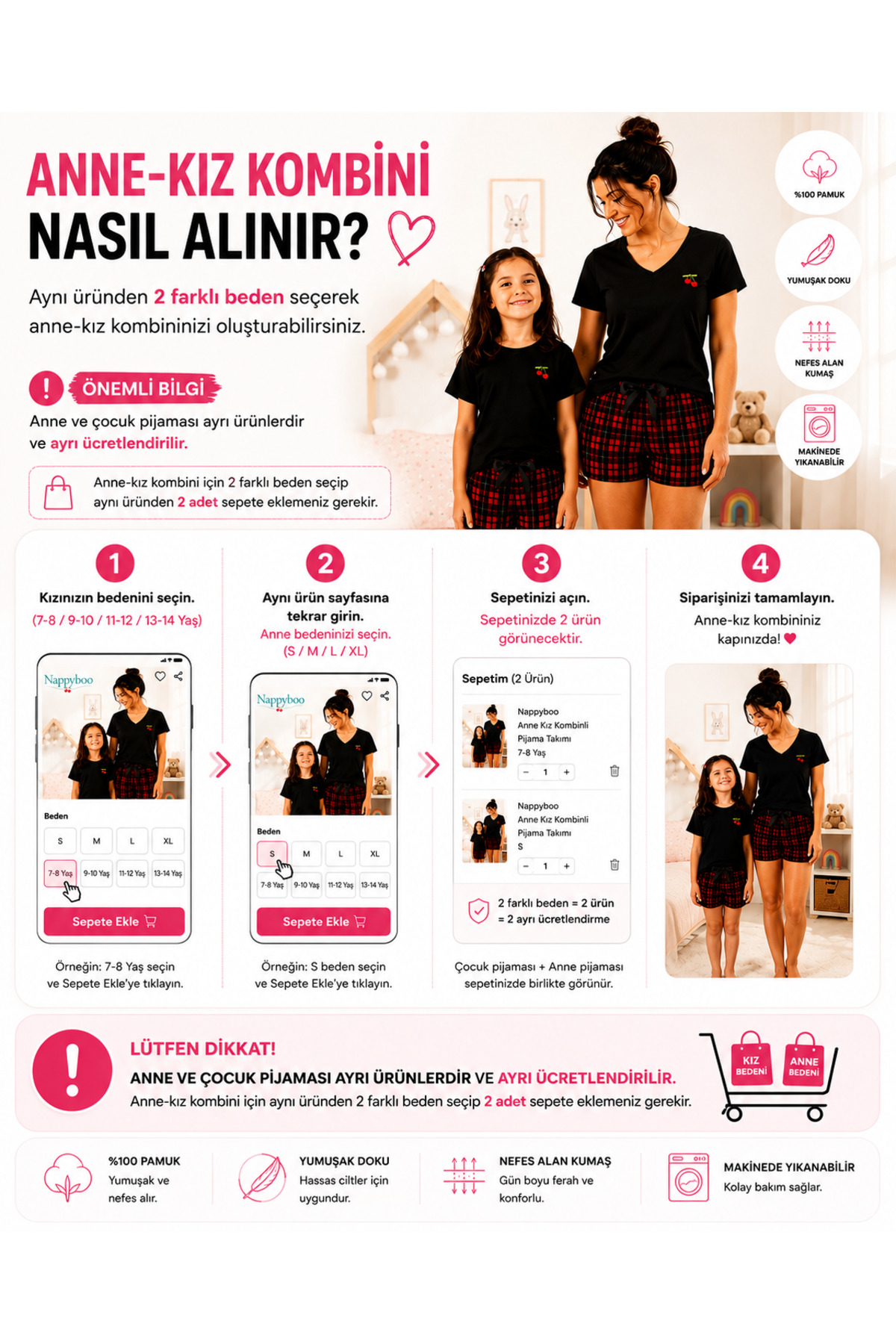 Anne Kız Kombinli Takımlanabilir Pijama Takımı Ekoseli Kiraz Detaylı ( Bir Takım Fiyatıdır) 2