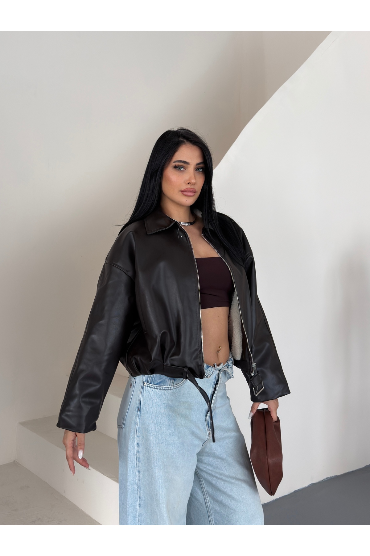VESS MODA İçi Peluş Detaylı Kemerli Deri Ceket görsel 7
