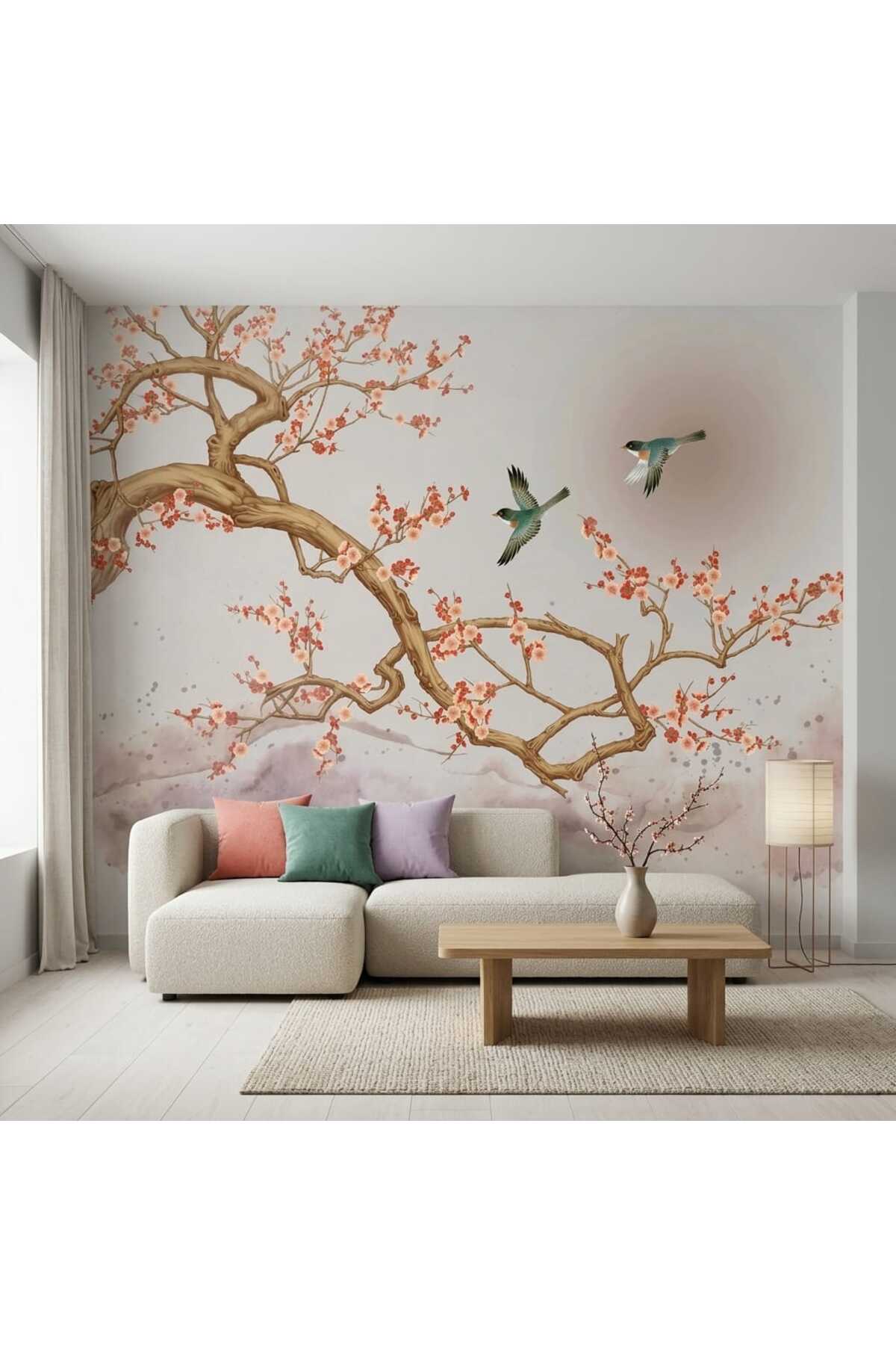 Pink Flower Tree & Sun Themed Wallpaper with Nature View