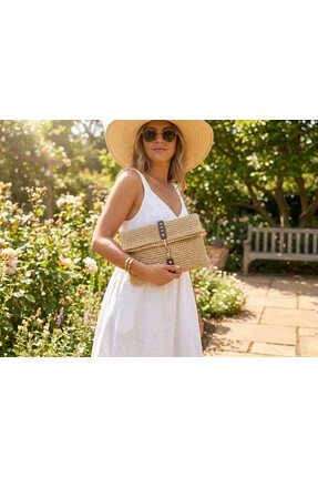 Meya design Doğal Kağıt İp El Örmesi Clutch - Şık Deri Kapamalı, Özel Tasarım...