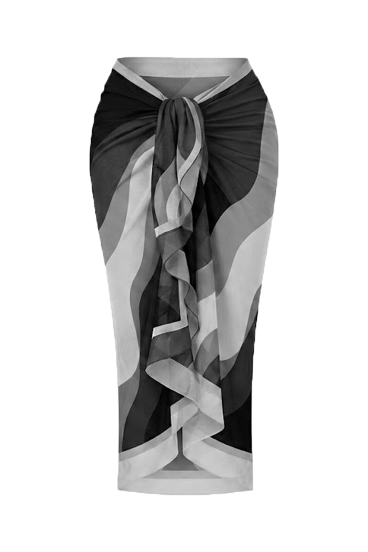Women's Black Wave Pattern Non-Showing Interior Long Pareo