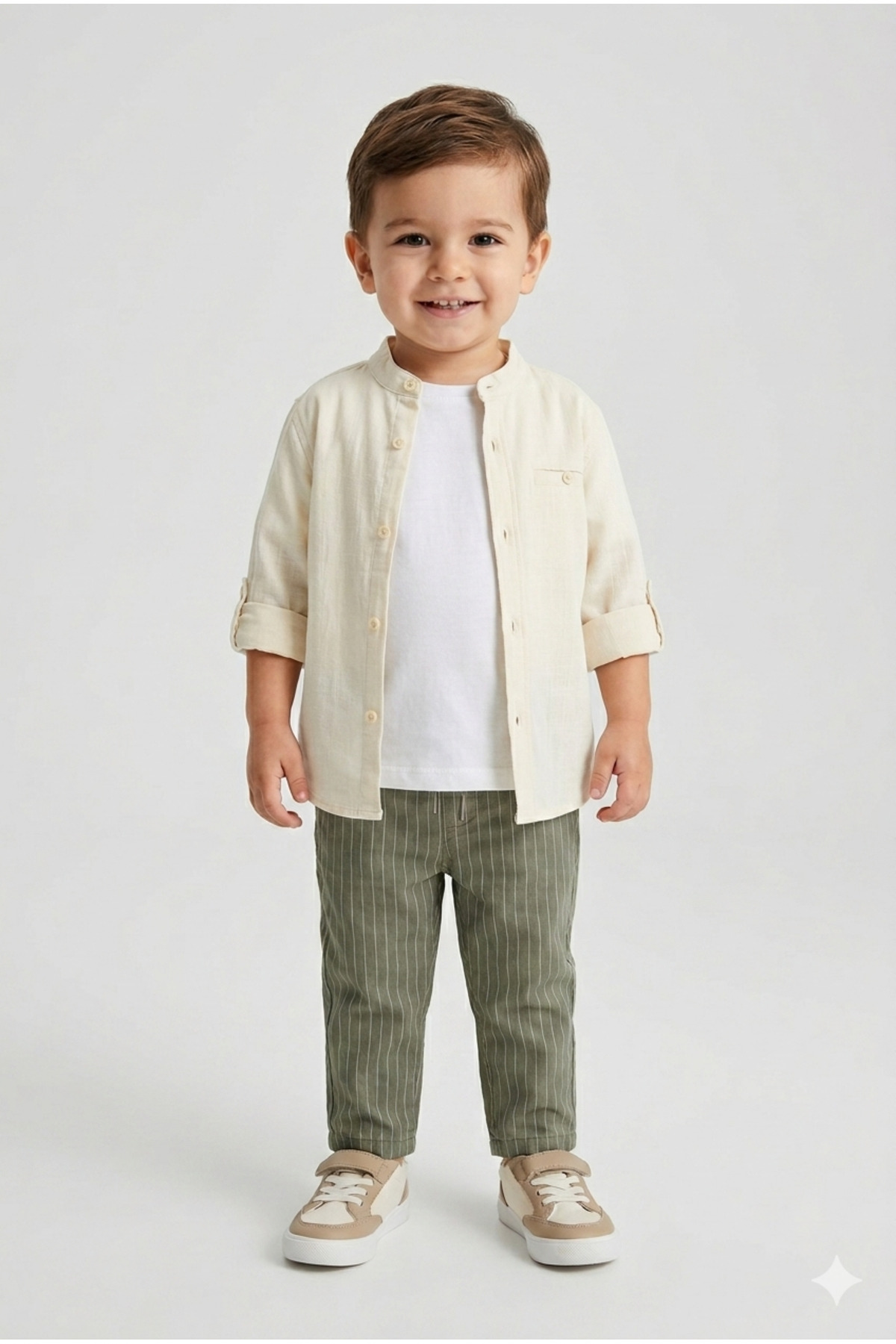 TAYO BABY Boys' Striped Khaki Linen Trousers with Elastic Waist