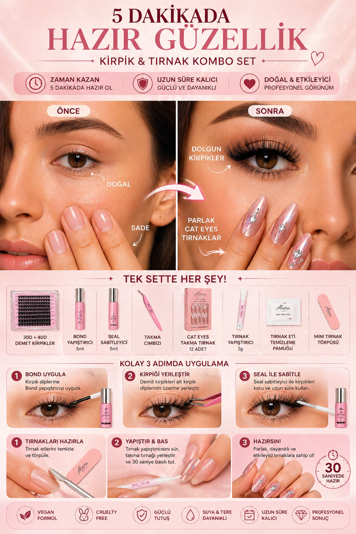 Alara’nın Güzellik Kombini 280 Demet 30D 40D Takma Kirpik Seti + 12’li Cat Eyes Takma Tırnak (Bond & Seal Dahil) Full Set — ALR-GUZ-KONBIN-01 — تصویر 4 از 7