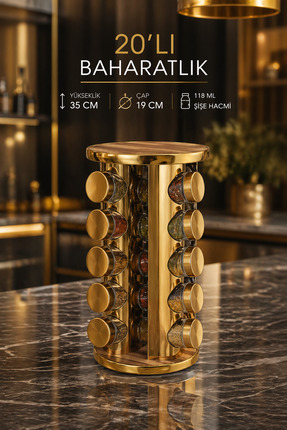 MAKRİ HOME 20’li Ahşap Desenli Gold Yuvarlak 360° Döner Standlı Baharatlık Ca...