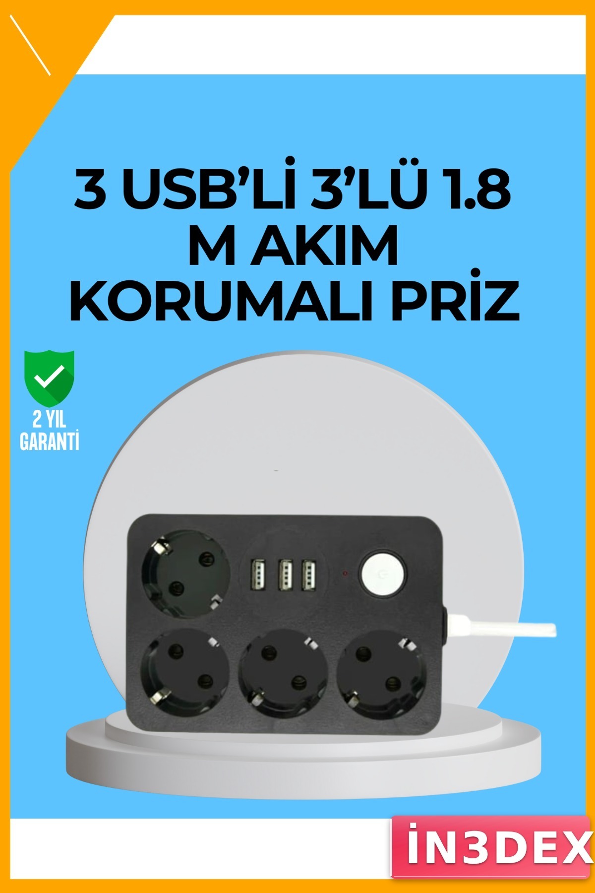 4'lü Akıllı Priz 3 USB Çıkışlı 2500W 2m Kablo