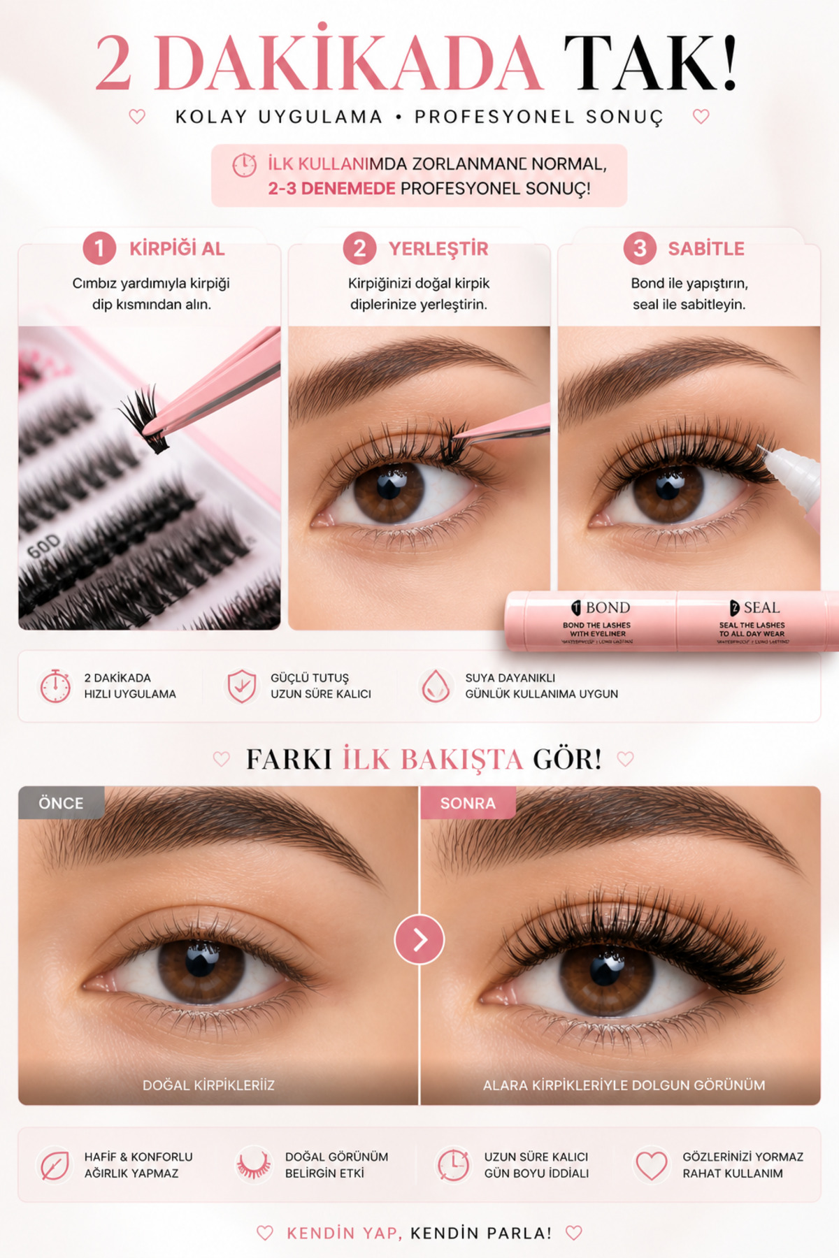 Alara’nın Kirpik Koleksiyonu 600 Demet Cluster Takma Kirpik Seti D Curl 30D 40D 50D 60D + Bond Seal Uygulama Kiti + Cat Eyes 12’li Takma Tırnak Hediyeli — ALR*GUZELLIKKIT600 — تصویر 5 از 7
