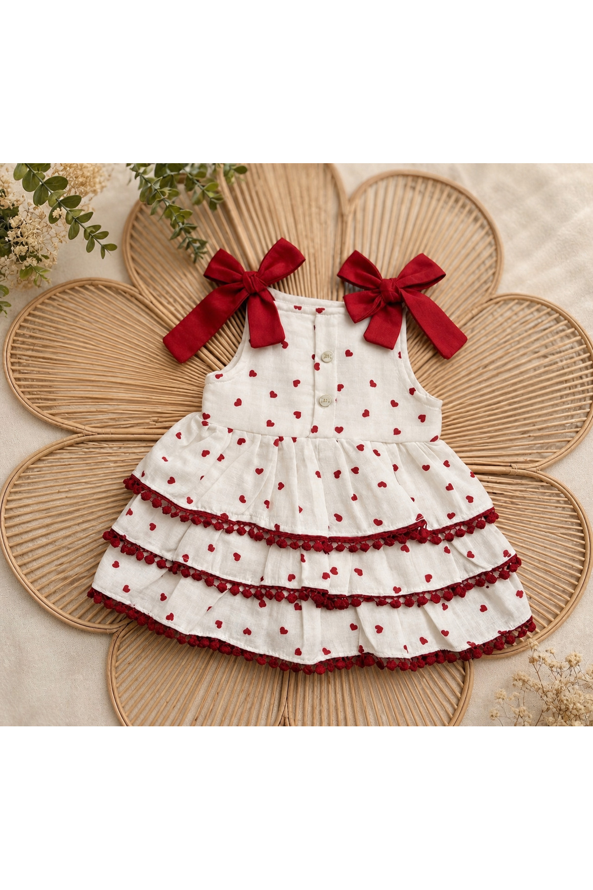 ALLYA MİNİ DRESS Kalp Desenli Fiyonk Detaylı Kat Kat Fırfırlı Müslin Şık Kız Bebek Elbisesi