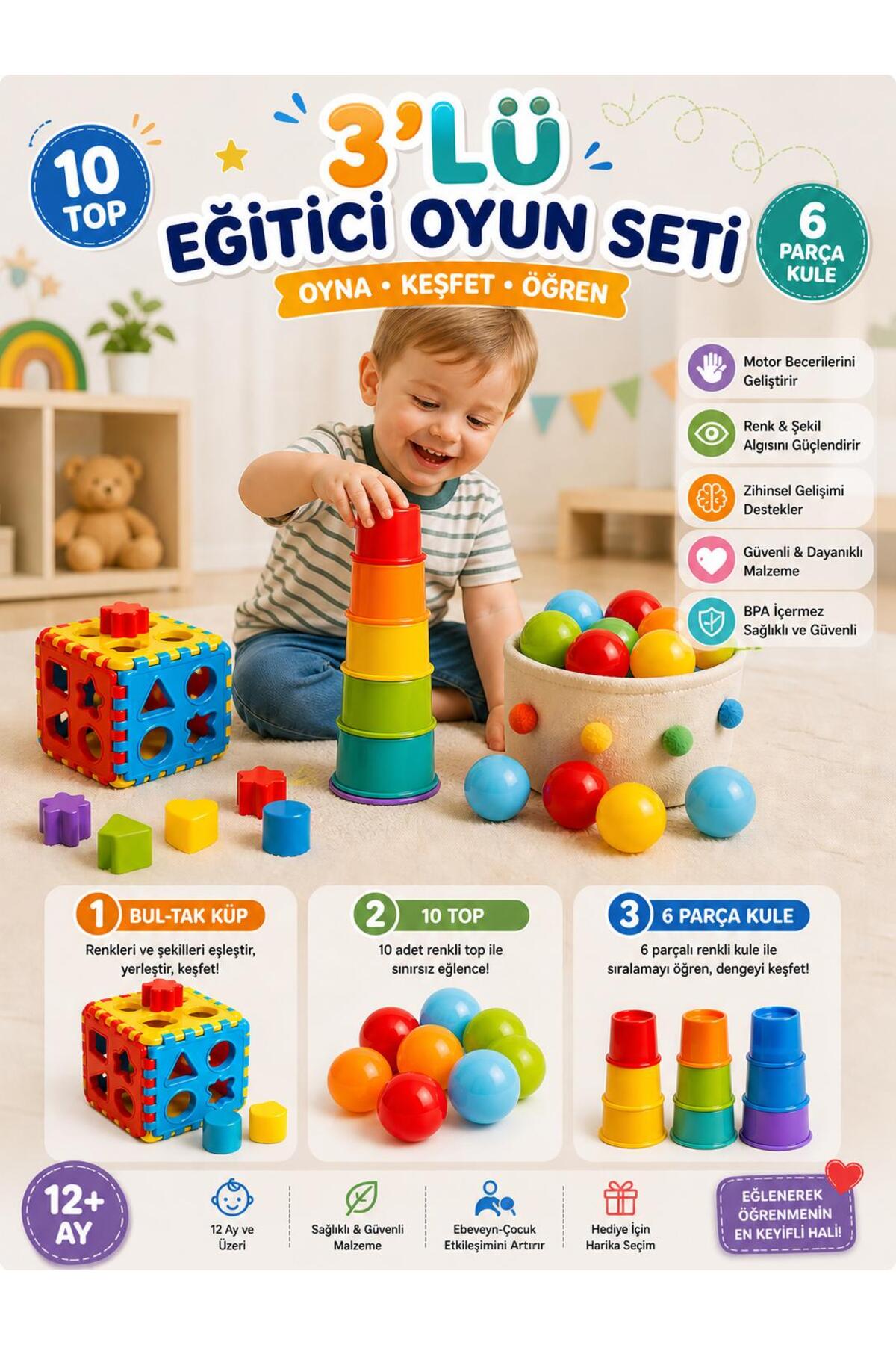 SAZE 3’lü Eğitici Oyuncak Seti Bul Tak Küp + 10 Adet Renkli Top + 6 Parça Kule Zeka Geliştirici Oyuncak 12+ Ay
