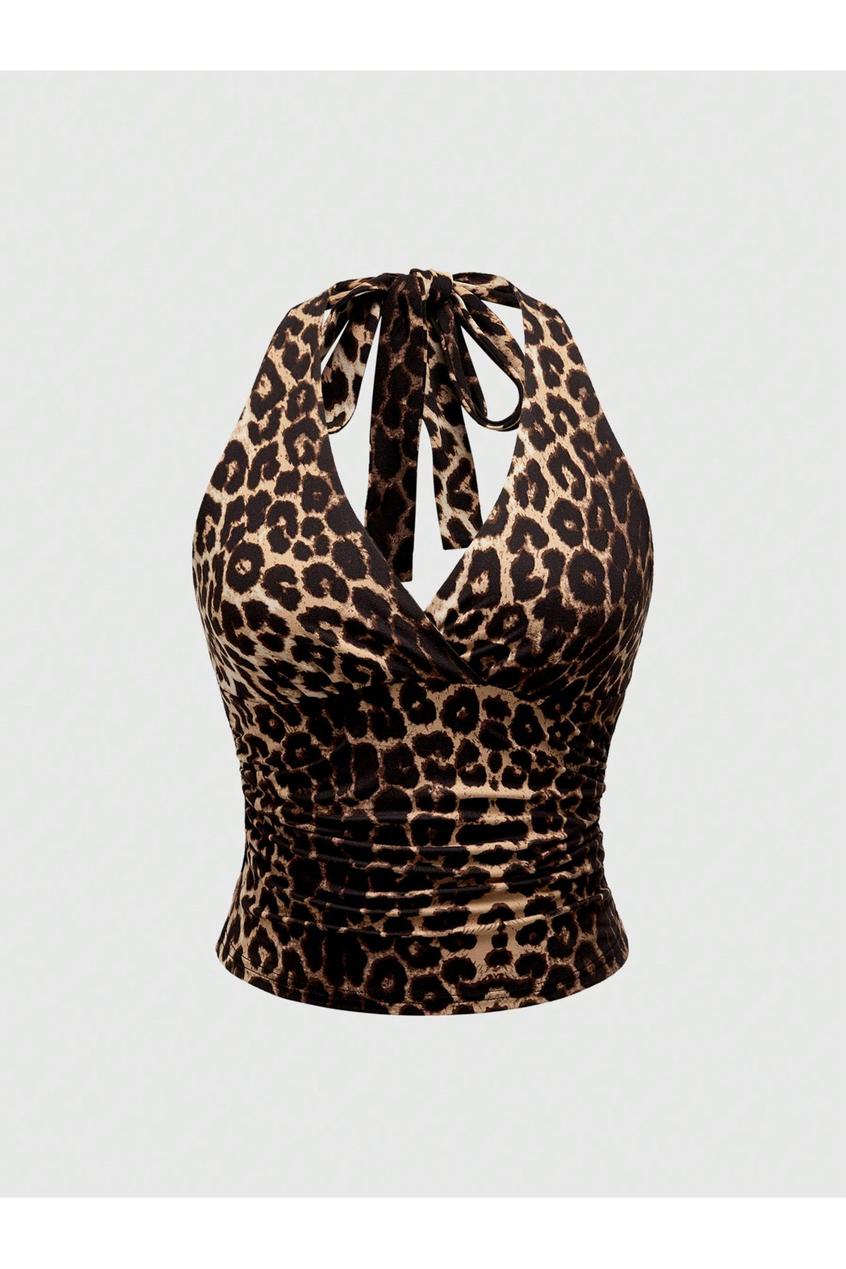 Wildco  Leopar Desenli Boyundan Bağlamalı Drapeli Crop Bluz Slim Fit Kadın Bluz - Görsel 5