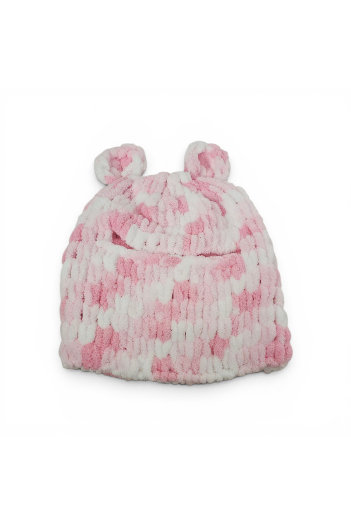 Patiska Tasarım Peluş Ayıcıklı Balaklava Maske Pembe Beyaz Yumuşak Kışlık Bere görsel 2