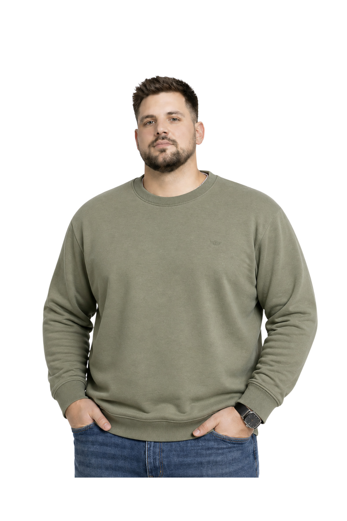 BattalModa Erkek Büyük Beden Haki İki İplik Bisiklet Yaka Sweatshirt 3XL-4XL-5XL-6XL-7XL-8XL