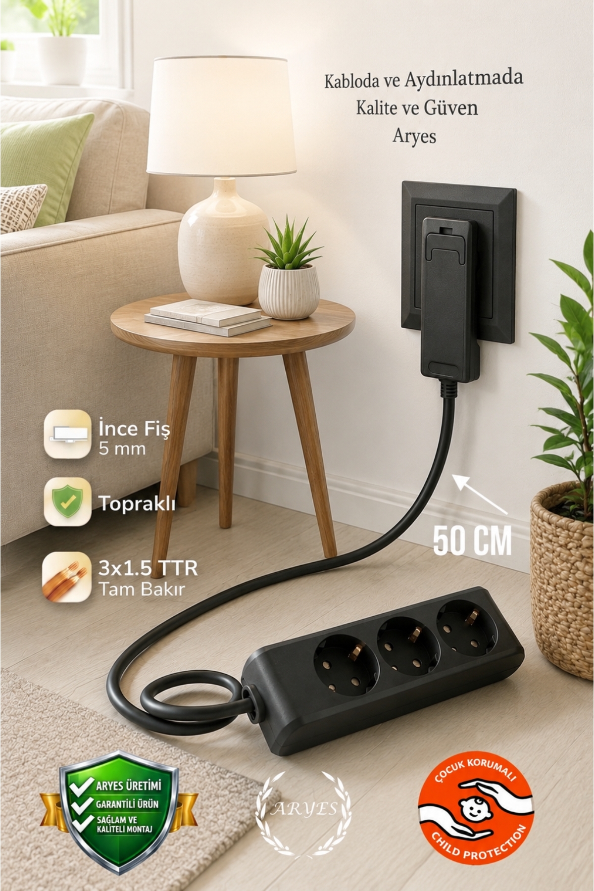 Thin Plug 3-Piece Socket 50 cm Copper Cable Back of Furniture Space Saving Short Extension Cable