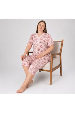 GAMDELLE MODA Kadın Büyük Beden Çiçek Desenli Bambu Kapri Pijama Takımı