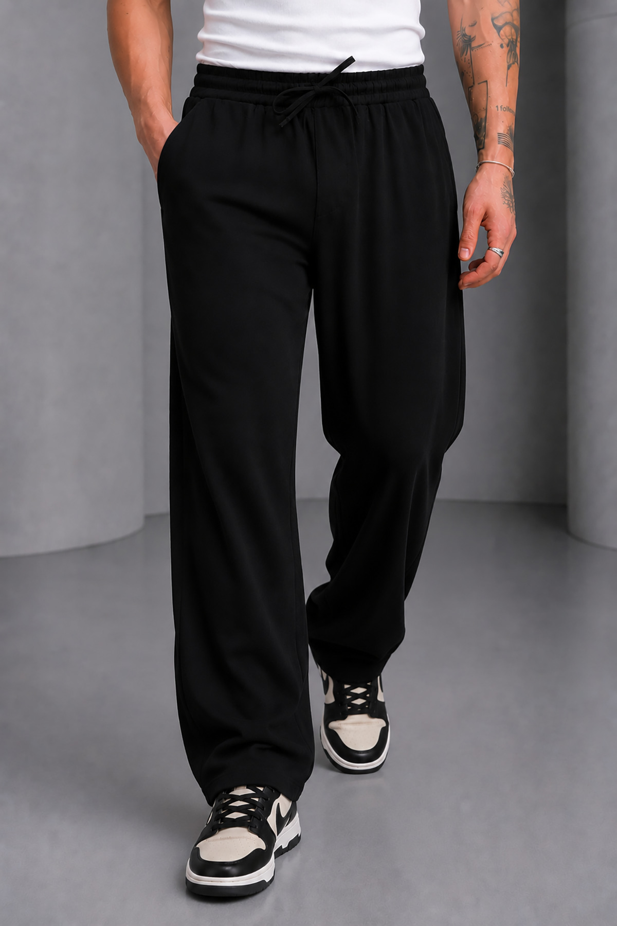 Bossago Erkek Siyah Rahat Kalıp Keten Baggy Pantolon görsel 3