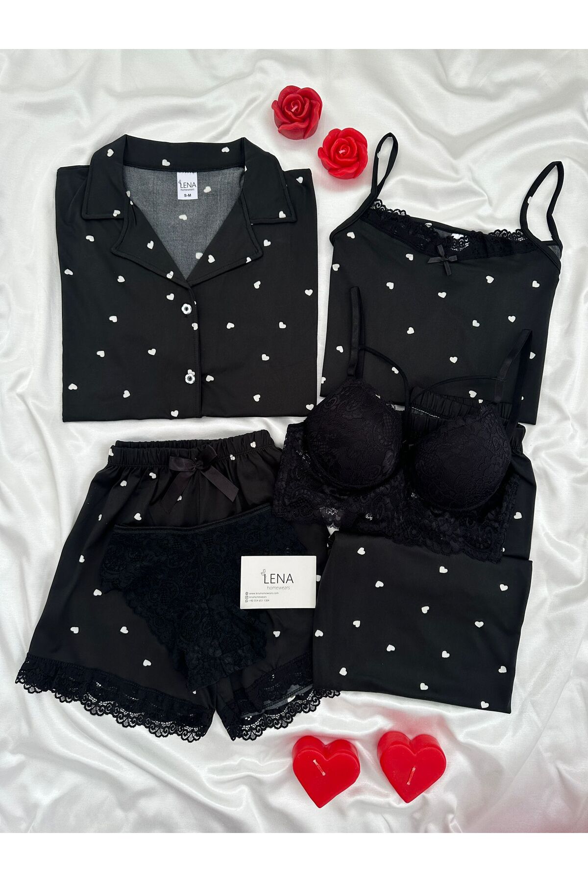 Women's Heart Pattern 6-Piece Pajamas Set with Underwear – Long Leg Pajamas Set with Strap and Shorts