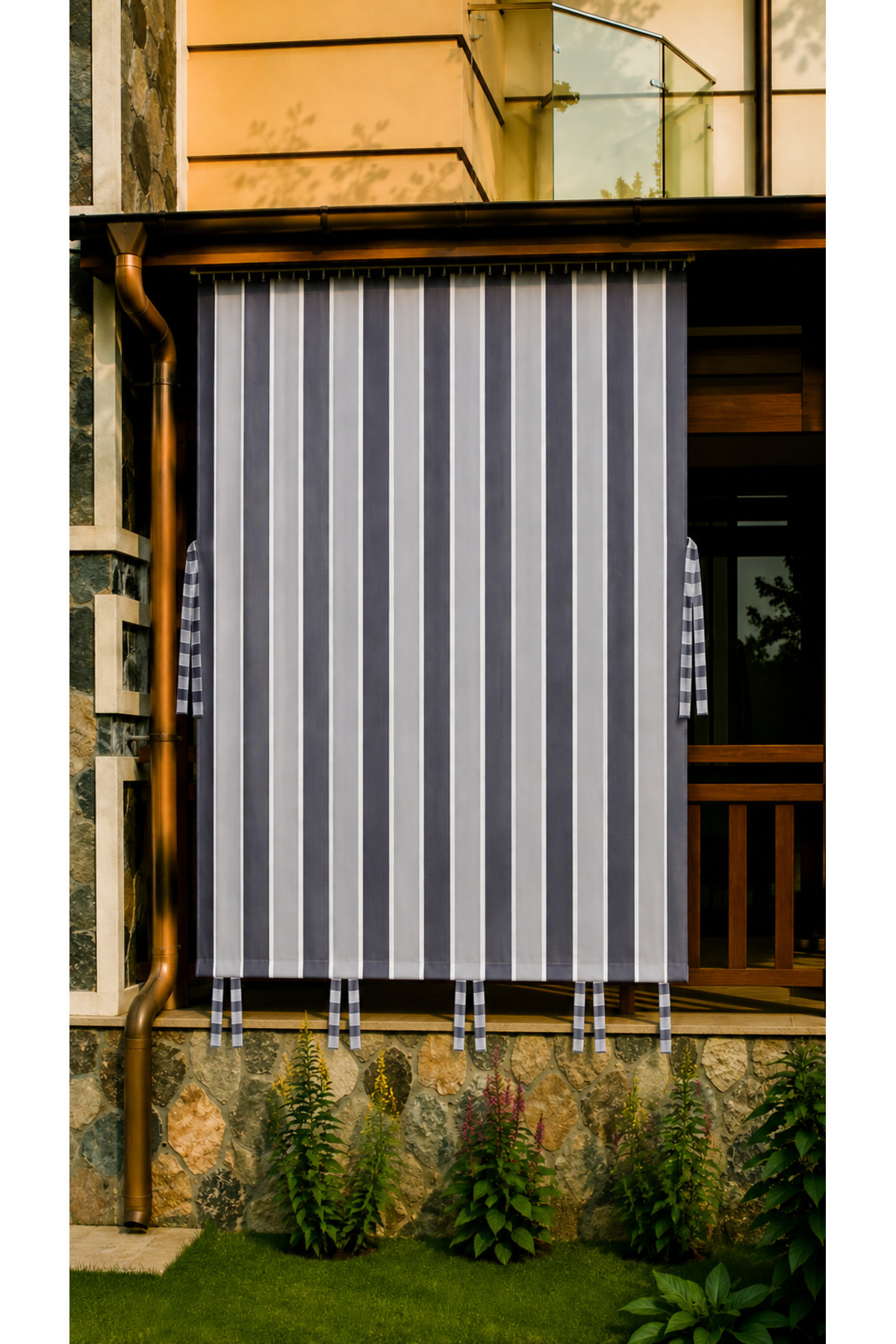 Waterproof Cornice Balcony Curtain with Decorative Stripe Model Anthracite Grey