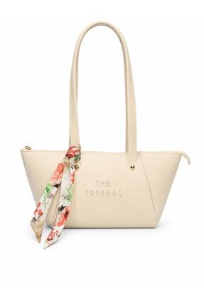 Güneş Kadın Krem Tote Bag Çanta Fular Detaylı Günlük Kullanım Omuz Çantası