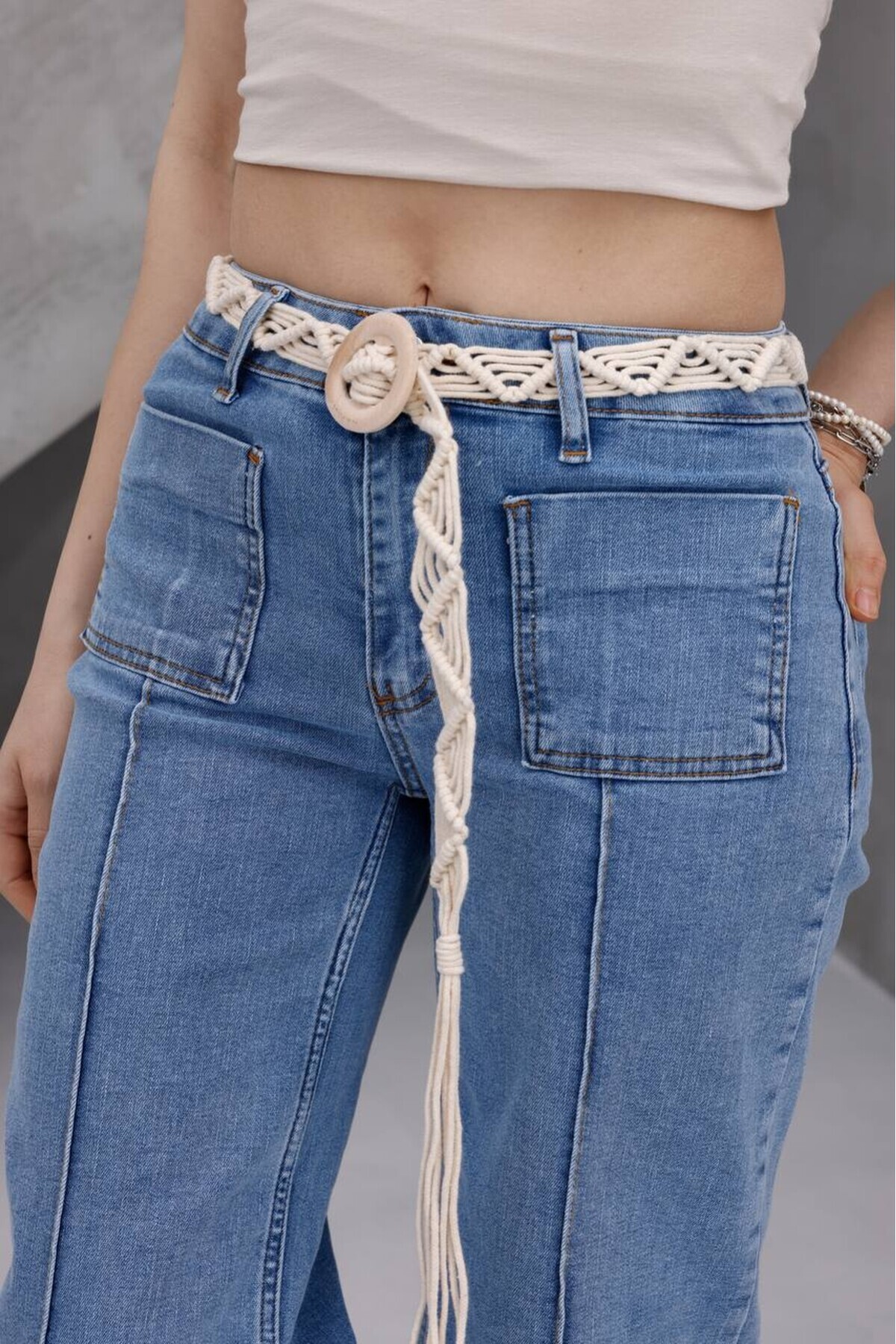 Kadın Hasır Kemer Detaylı Yüksek Bel Wide Leg Jean Pantolon 4