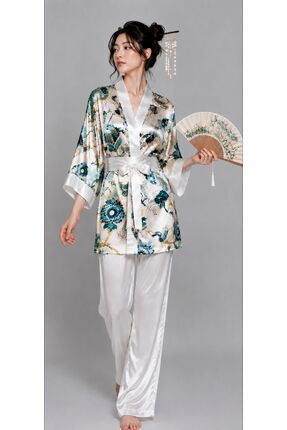 For Dreams Desenli Saten Kimono Takım Dantel Detaylı 3’lü Kadın Pijama Seti 1989