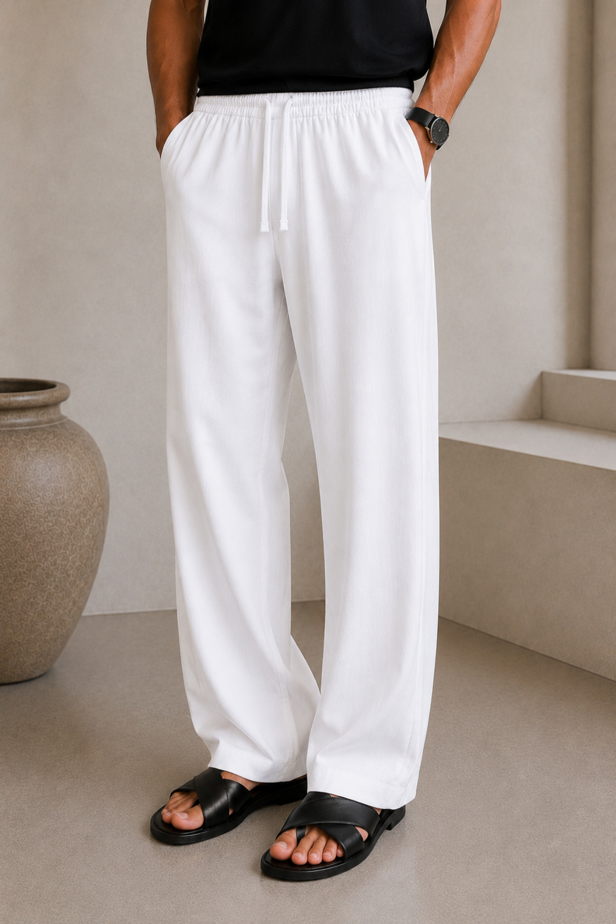 Men's Elastic Waist Linen Look Comfortable Baggy Mold Linen Pants