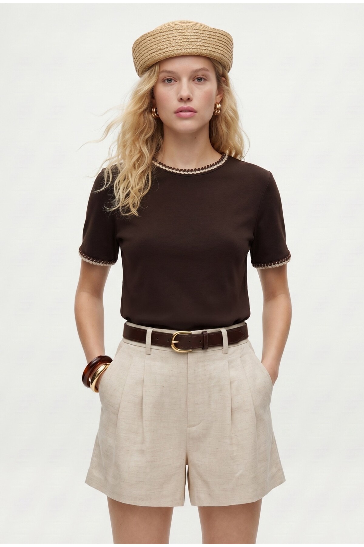 Women's Marin Neck Embroidered 100% Cotton Short Sleeve Brown Knitted T-shirt