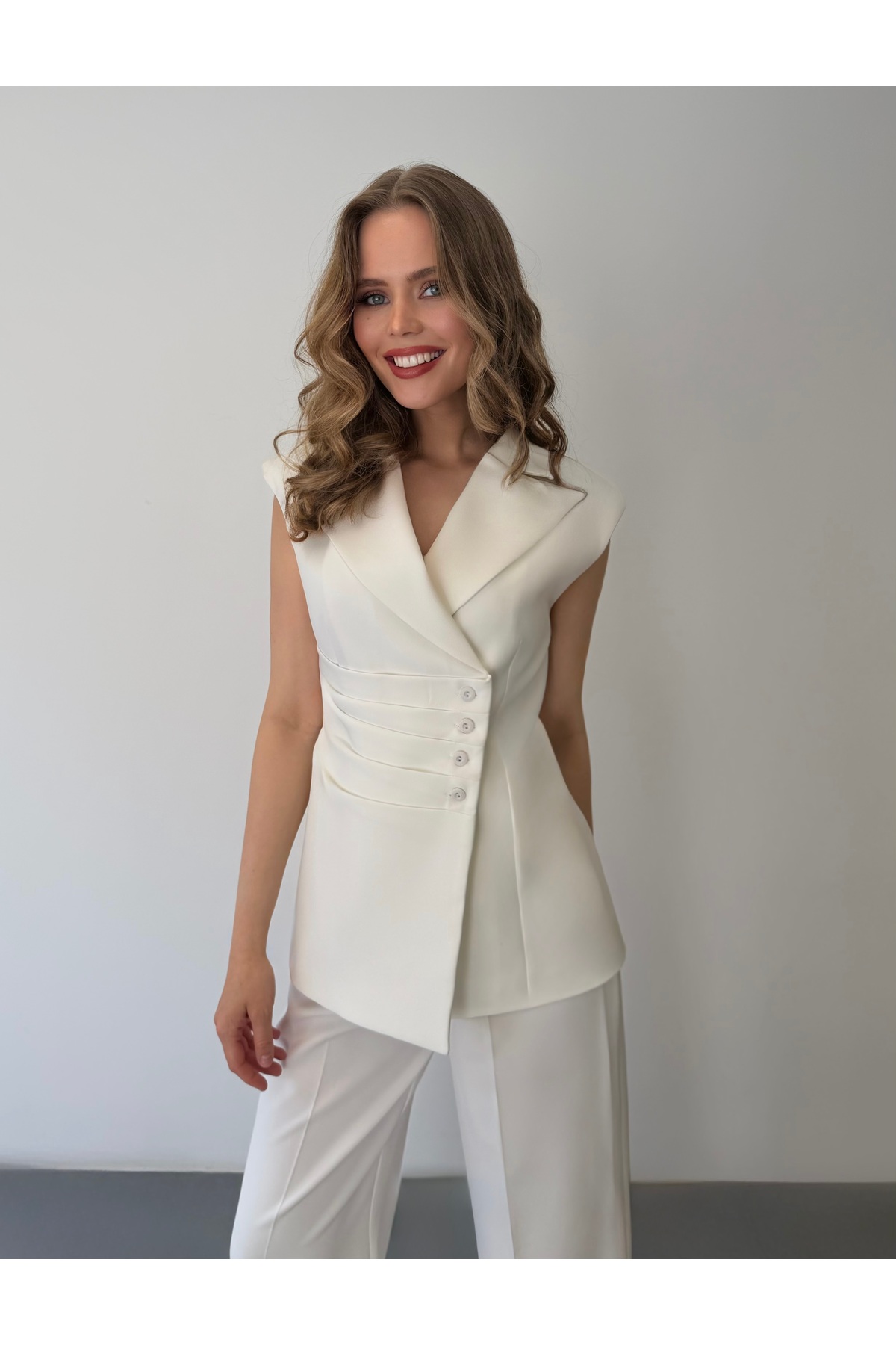 Women's High Waist Pants Suit with Wrap Vest and Padded - White