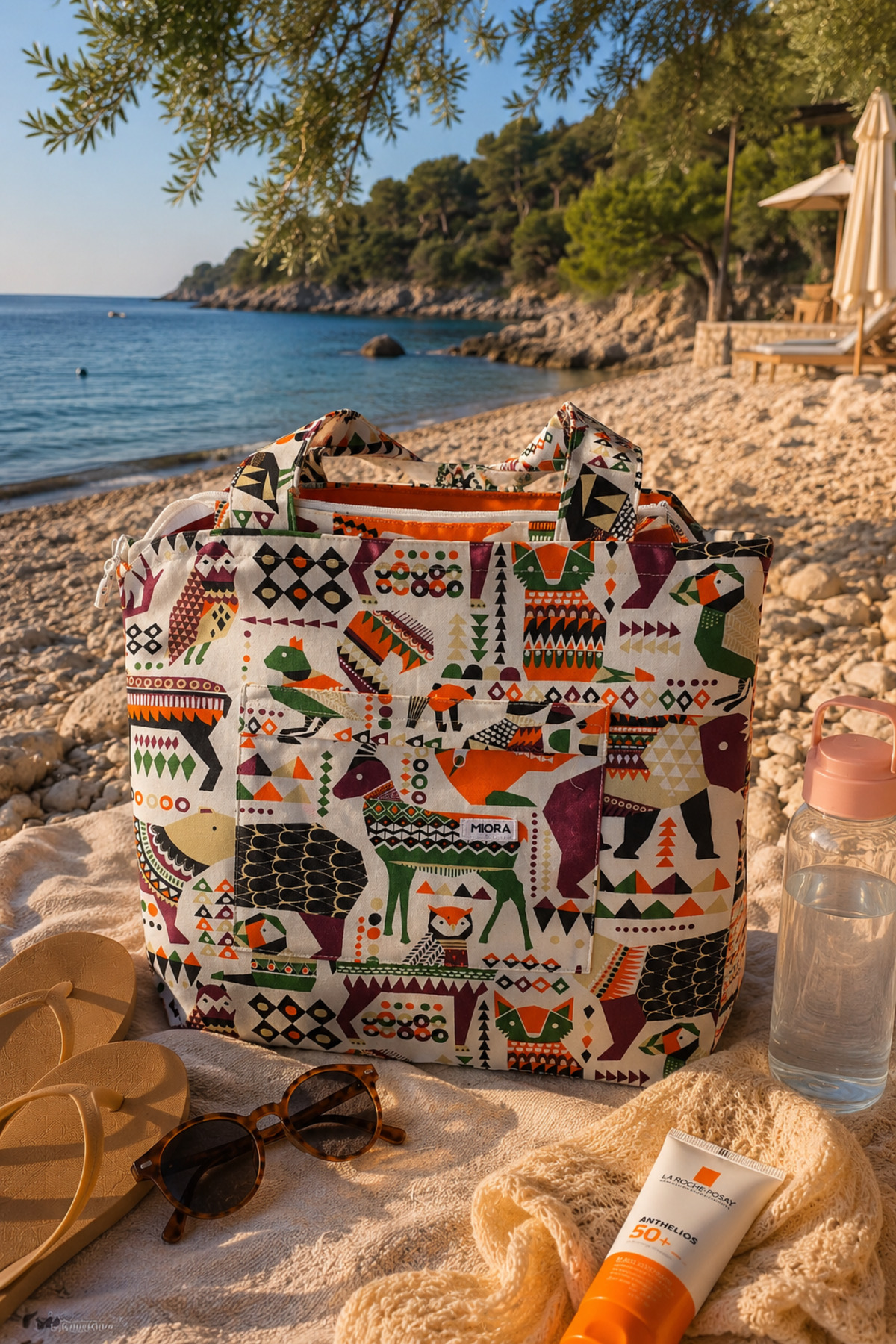 MIORA BAG Etnik Figür Desenli Ön Cepli Plaj Çantası- Duck Kumaş