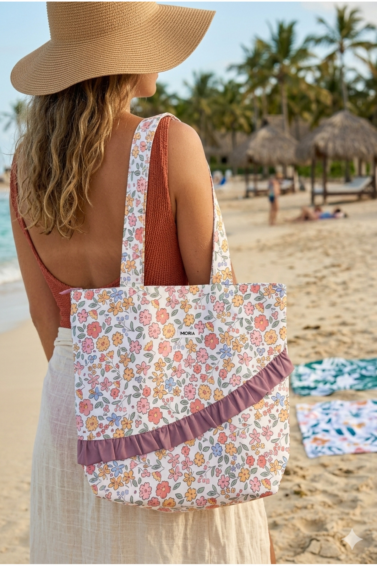 MIORA BAG Mor ve Çiçek Kombinasyonlu Fırfır Detaylı Plaj Çantası- Duck Kumaş görsel 4
