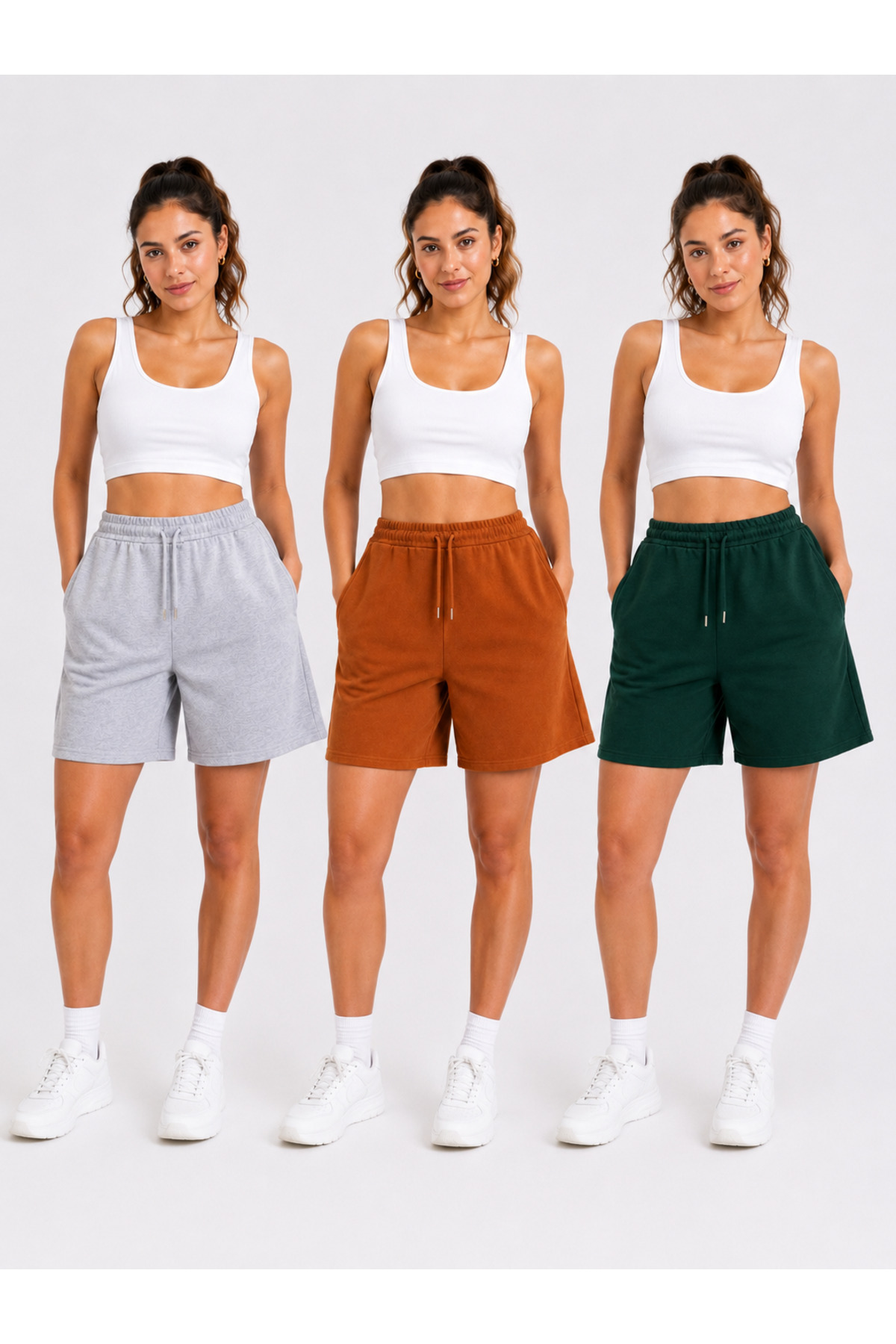 3-Piece Set Oversize Combed Cotton Shorts with Waist Tie Pockets 40 CM