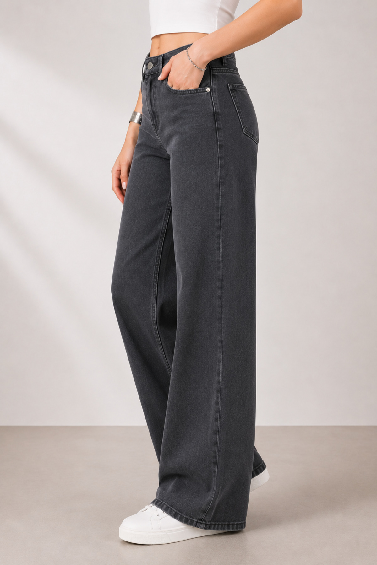 Lighter Jeans  Füme Wide Leg Palazzo Jean Kadın Pantolon Yüksek Bel Likralı Bol Paça Denim Jean - Görsel 2