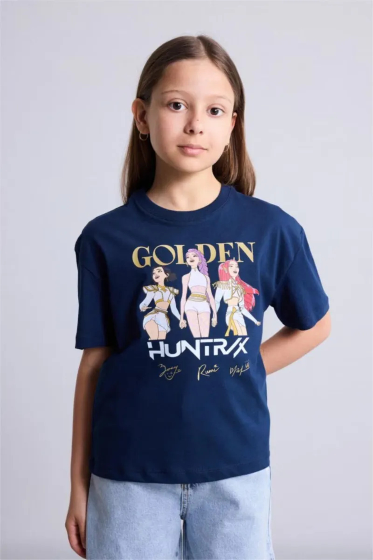 Defacto 100% Cotton Kpop - Demon Hunters Relax Fıt Crew Neck Short Sleeve T-Shirt Girl's H7343A826Sm